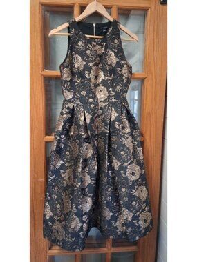 Ann Taylor Black & Gold Floral Brocade Sleeveless Midi Dress Size 4